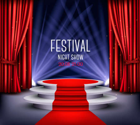 Festival night show poster. Showroom Background With A Red Carpet and Spotlight. Vector. のイラスト素材