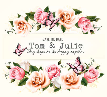 Wedding invitation desing with coloful flowers and butterflies. Vectorのイラスト素材