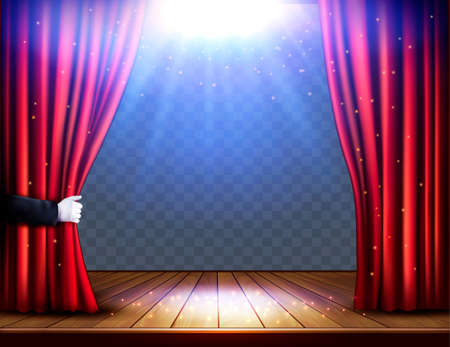 A theater stage with a red curtain and hand on transparent background. Festival night show poster.のイラスト素材
