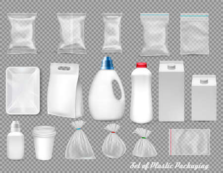 Big set of polypropylene plastic packaging - sacks, tray, bottels, boxes, cups on transparent background. Vector illustrationのイラスト素材