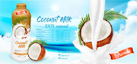 Coconut milk with splashing liquid and pieces isolated on blue abstract background with cloud. Advertisment design template. Vectorのイラスト素材