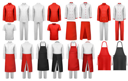 Big collection of culinary clothing, white and red suits and aprons. Vector.のイラスト素材