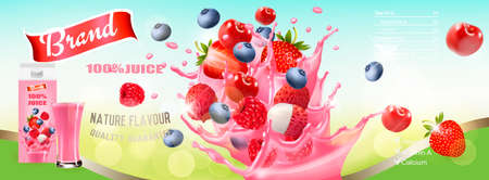 Fresh Juice with Berries and Splashing Liquid. Advert Concept. Design template. Vector.のイラスト素材