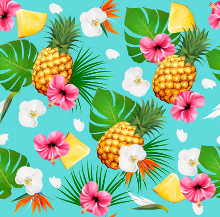 Summer tropical seamless pattern with fruits and leaves. Vectorのイラスト素材