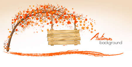 Autumn abstract background with a tree and a wooden sign. Vector.のイラスト素材