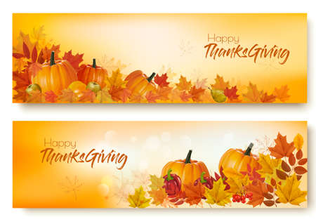 Set of Happy Thanksgiving banners with autumn vegetables and colorful leaves. Vector.のイラスト素材