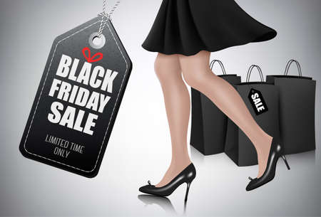 Black Friday sale background with elegant shopping woman and shopping bags.のイラスト素材