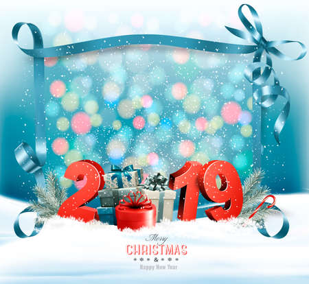 Holiday Christmas background with 2019 and a gift boxes and a blue ribbon. Vectorのイラスト素材