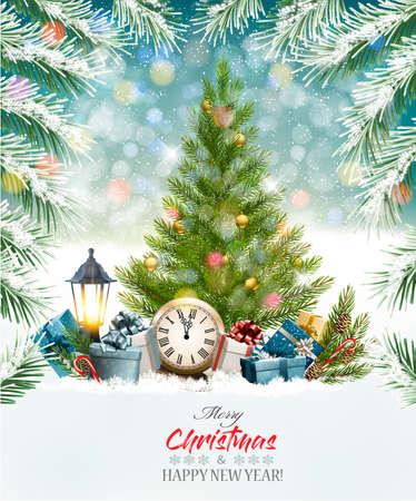 Holiday background with a Christmas tree and presents. Vectorのイラスト素材