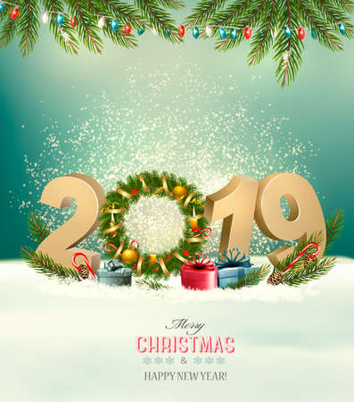 Holiday background with a 2019 and christmas wreath. Vectorのイラスト素材