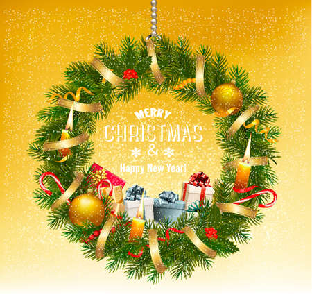 Colorful gift boxes and christmas wreath. Vectorのイラスト素材