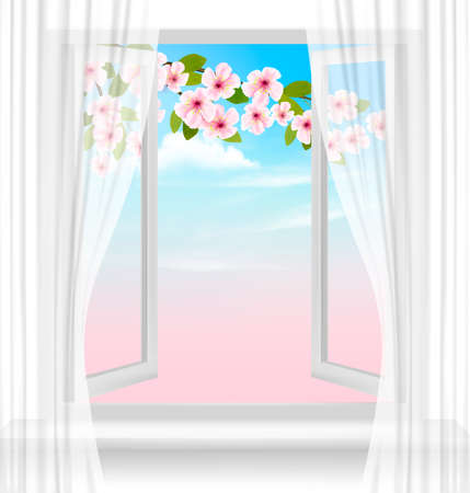 Nature spring background with open window and blossom of cherry.のイラスト素材