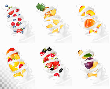 Big collection of fruit in a milk splash.のイラスト素材