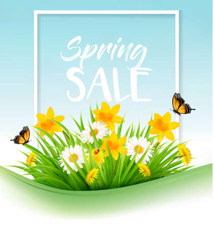 Spring sale background with grass, flowers and a butterfly. Vector.のイラスト素材