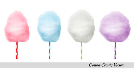 Vector realistic cotton candies on colourful confectionery candyfloss sticks. Sweet sugar clouds. のイラスト素材