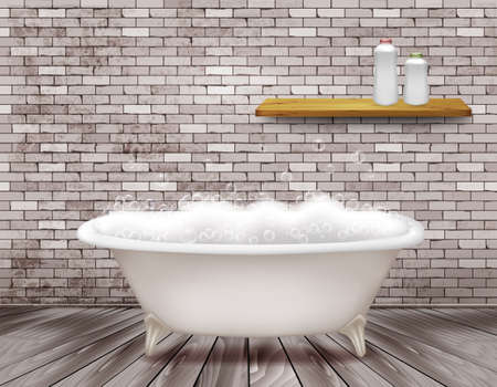 Luxury vintage bathtub with soap foam in bathroom. Vector illustrationのイラスト素材