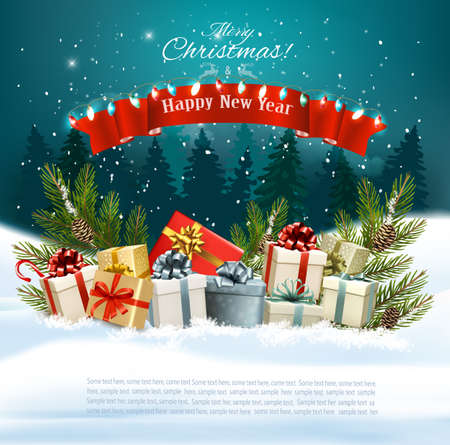 Christmas holiday background with presents on a sleigh and Santa Claus. Vector illustrationのイラスト素材