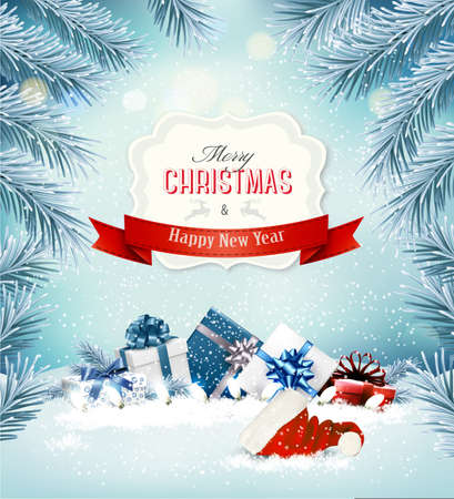 Holiday Christmas background with a presents and branches of tree. Vectorのイラスト素材