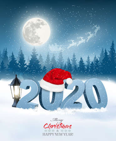 Happy New Year 2020 background with a winter landscape and Santa Hat. Vector.のイラスト素材