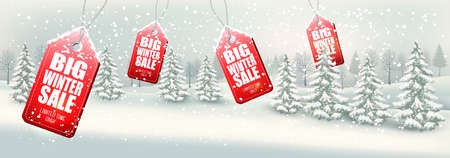 Winter Sale Tags with winter landscape and forest. Vectorのイラスト素材