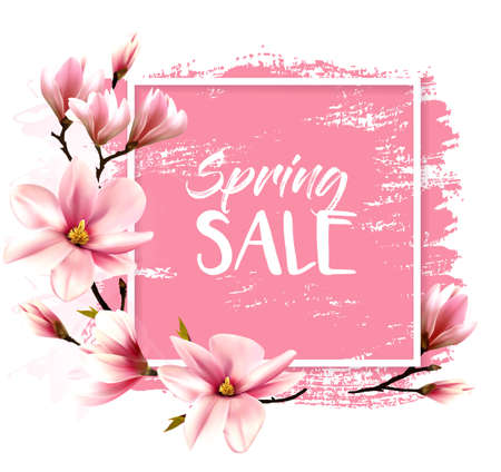 Spring sale background with pink blooming magnolia. Vectorのイラスト素材