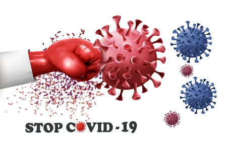 Fight coronavirus concept. Hand wearing a red boxing glove fighting with COVID -19 virus. Vectorのイラスト素材