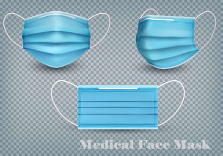 Collection of a blue medical face masks isolated on transparent background. To protect from infection and coronavirus Covid -19. Realistic Vector Illustration.のイラスト素材