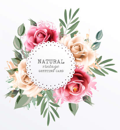 Holiday vintage greeting card with colorful flowers. Vector.のイラスト素材