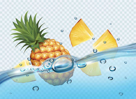 Realistic transparent isolated vector  with slices of pineapple in water splash and drops. Vector illustrationのイラスト素材