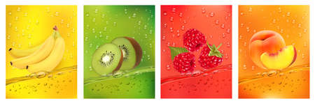 Fresh fruits juice splashing together- pear, apple, plum, watermelon juice drink splashing. 3d fresh fruits.のイラスト素材