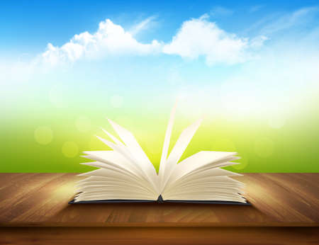 Open book on a wooden deck with green and blue backdrop.のイラスト素材