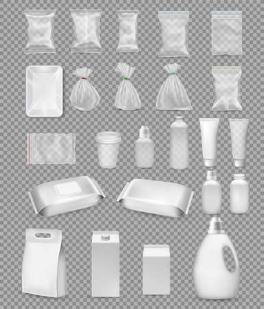 Collection of polypropylene plastic packaging and medical supplies - sack, tray, cup, bottle, box, tube and packing  for antibakterial wet wipes on transparent background. Vector illustrationのイラスト素材
