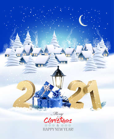 Holiday Christmas Winter Background with a Village Landscape and 2021 litters and presents. Vector illustration.のイラスト素材