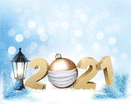 Merry Christmas and New Year Background with 2021 and gold ball with a white protective face mask....