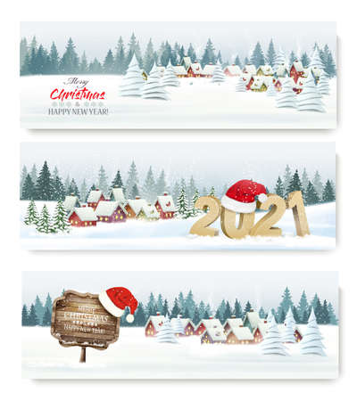 Three holiday christmas holiday landscape banners with Santa Hat. Vector.のイラスト素材