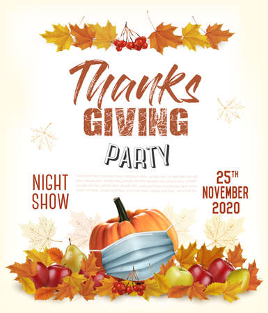 Happy Thanksgiving Flyer with colorful leaves and pumpkin wearing medical face mask. Facial mask as a symbol for disease control coronavirus or covid-19. Vector.のイラスト素材