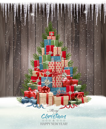 Merry Christmas and Happy New Year holiday wooden background with christmas tree made out of colorful presents. Vector.のイラスト素材