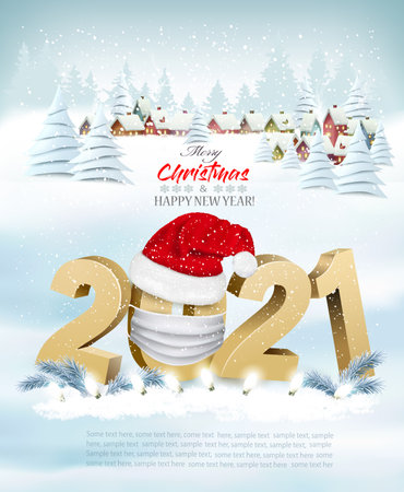 Merry Christmas and New Year Background with 2021 in white protective face mask winter village. Face mask for covid-19 coronavirus. Vectorのイラスト素材