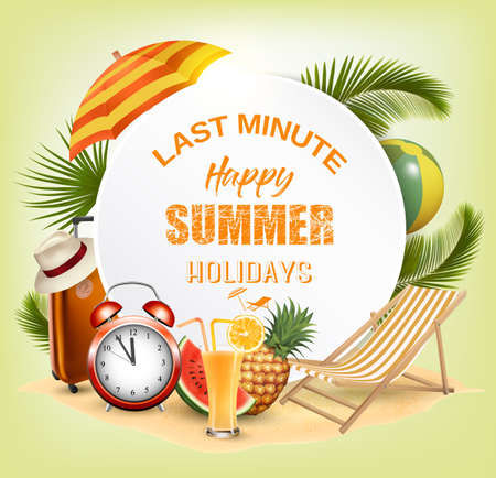 Last Minute. Summer vacation background with Travel items on the beach. Vector.のイラスト素材