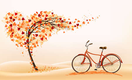 Hello a gold autumn. Autumn landscape with autumn colorful leaves on the  tree and bike in a park on a background. Vector illustrationのイラスト素材
