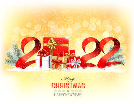Christmas holiday frame with branches of tree garland and a golg 2022 litters on transparent background. Vector.のイラスト素材