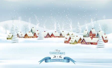 Holiday Christmas background with a village and  landscape. Vector.のイラスト素材