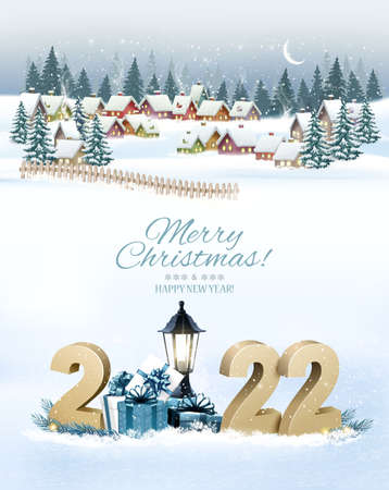 Christmas Holiday Winter Background with a Village Landscape and 2022 and presents. Vector illustration.のイラスト素材
