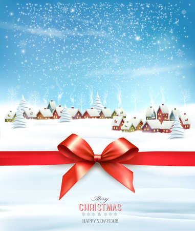 Holiday christmas background with 2022 and gift boxes and landscape with winter village. Vectorのイラスト素材