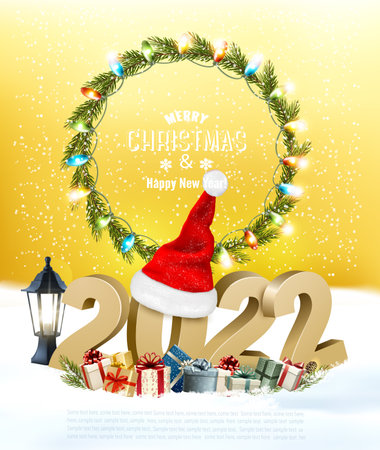 Holiday christmas background with 2022 and gift boxes and landscape with winter village and christmas branch of tree. Vectorのイラスト素材