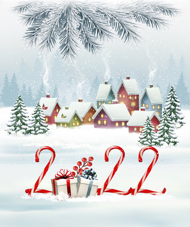 Holiday christmas background with 2022 and gift boxes and landscape with winter village and christmas branch of tree. Vectorのイラスト素材