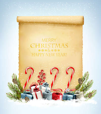 Merry Christmas and Happy New Year Background  with christmas wreath. Colorful gift boxes with Santa Hat and bright multicolor garland. Vectorのイラスト素材