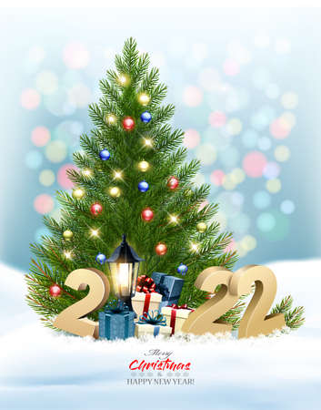 Holiday Christmas and New Year Background with  Christmas tree with garland and a gold 2022. Vector.のイラスト素材