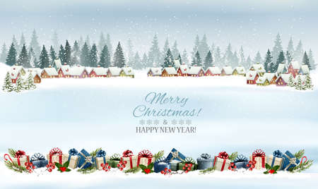 Holiday Christmas panorama with a winter village and  christmas presents. Vector.のイラスト素材