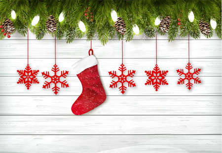 Holiday Christmas background with branch of tree, christmas snowflakes and a red socket. Vectorのイラスト素材